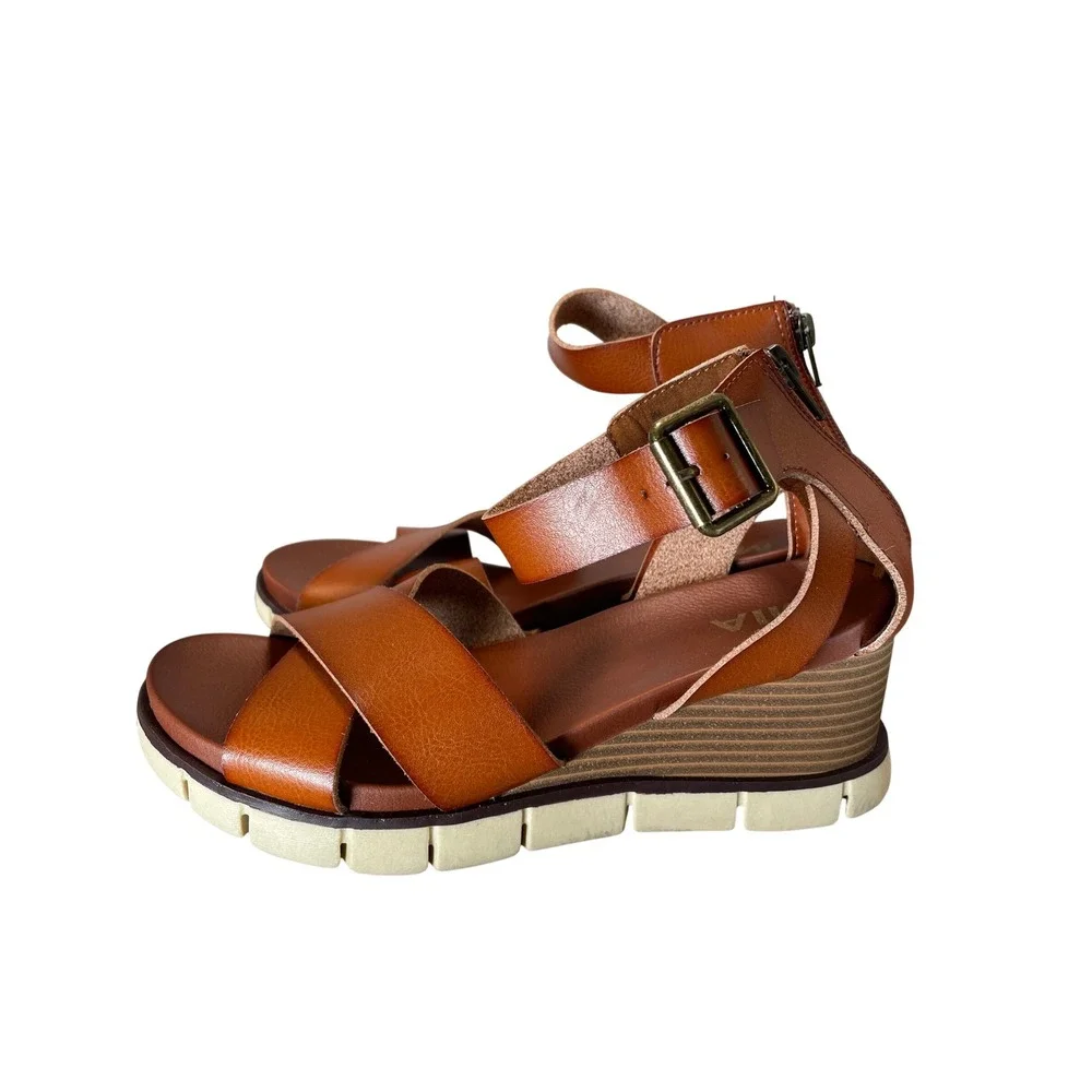 MIA Lauri Cognac Brown Ankle Strap Wedge Sandals MH0021A Size 9